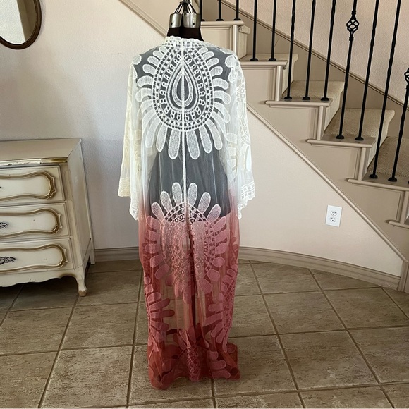 Meri Skye Womens Size 4X / 5X Ivory Pink Lace Ombre Duster Coverup Longline Boho - Picture 6 of 11